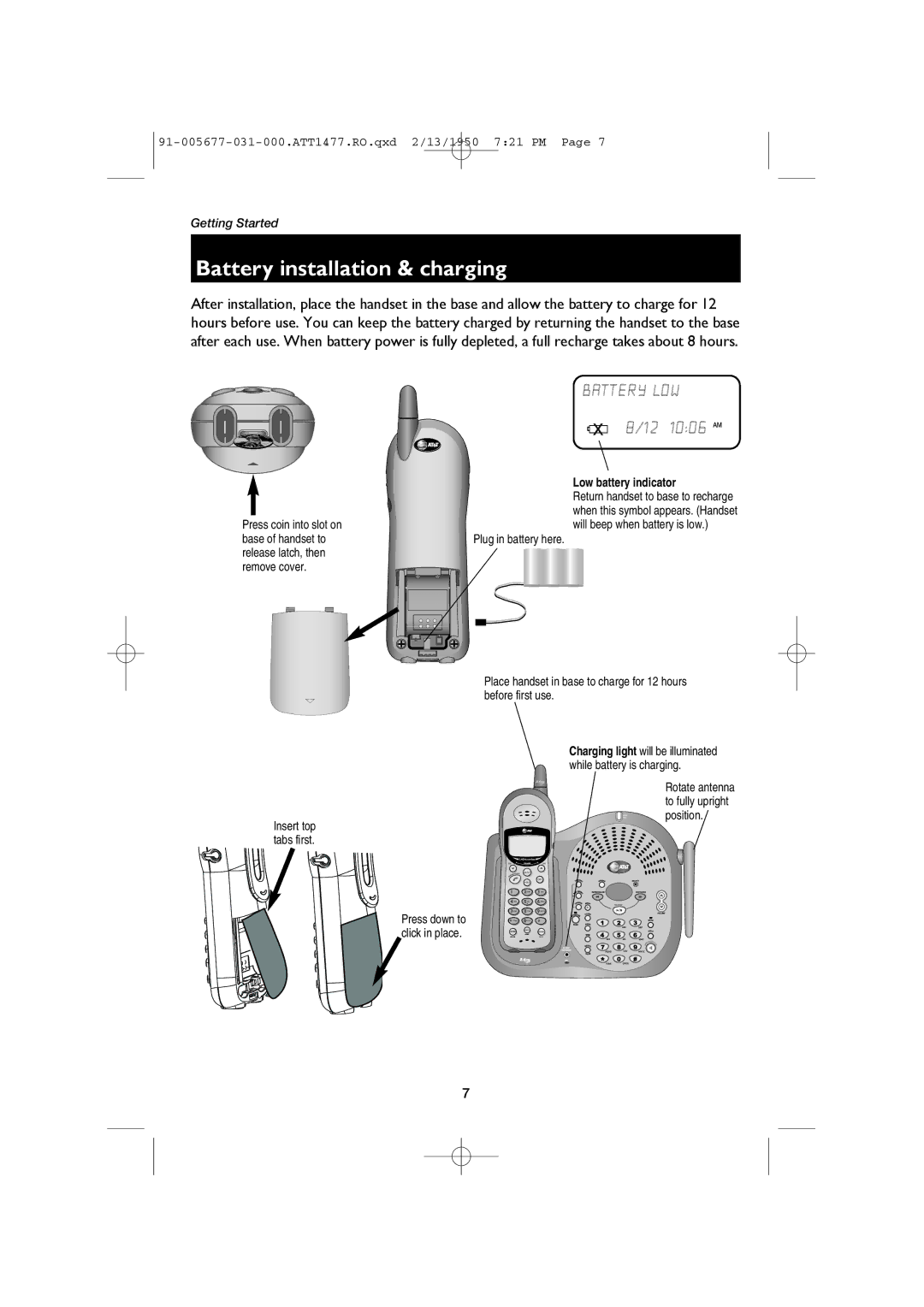 AT&T 1477 user manual Battery installation & charging, Battery LOW 