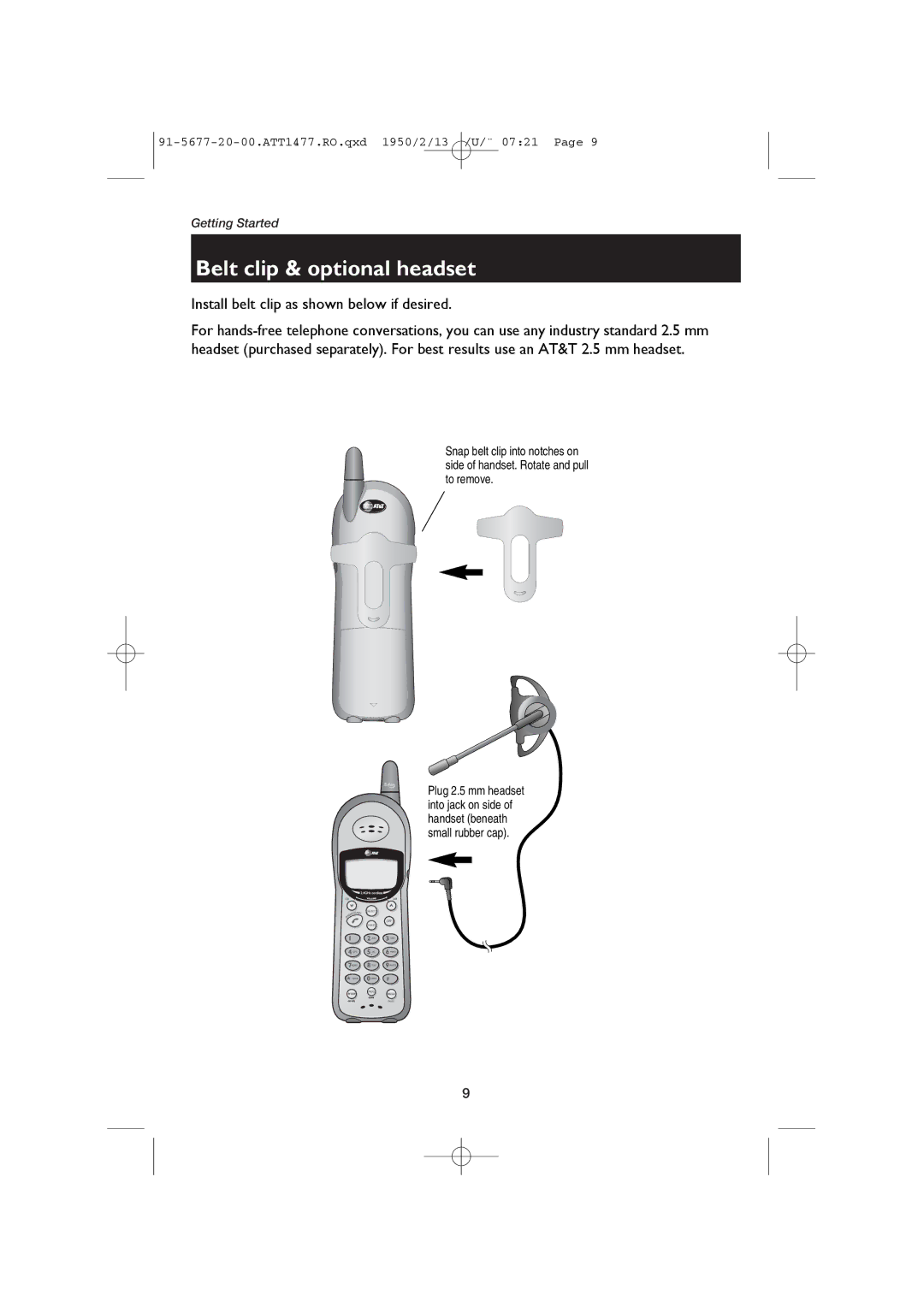 AT&T 1477/1177 user manual Belt clip & optional headset, Install belt clip as shown below if desired 