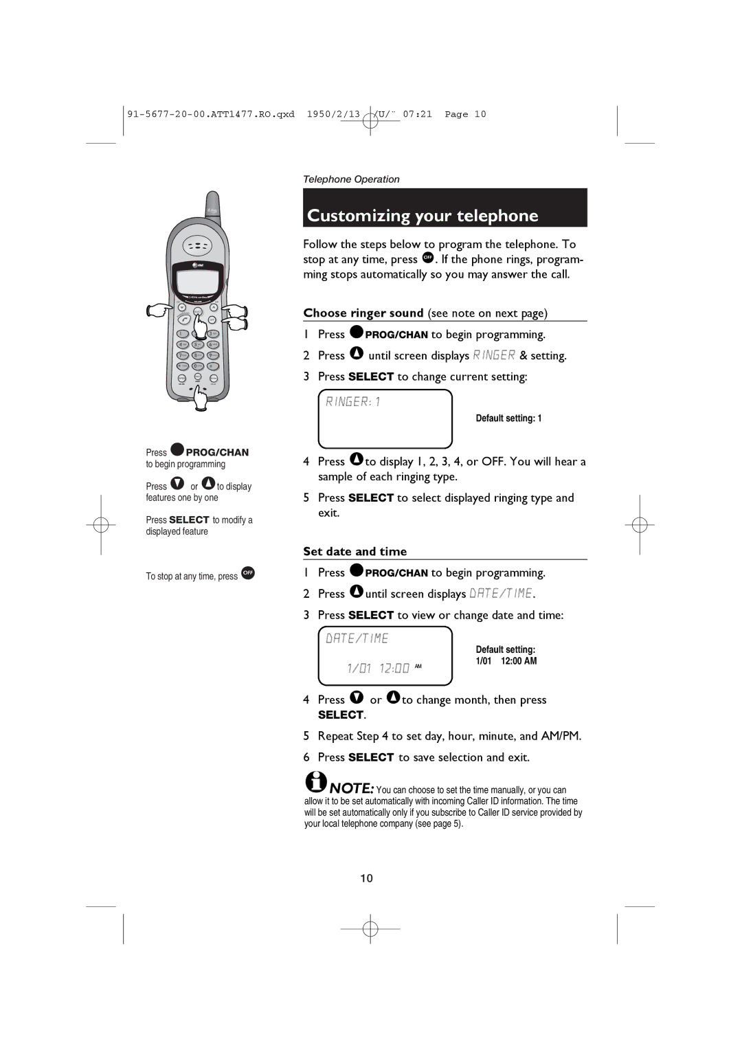 AT&T 1477/1177 user manual Customizing your telephone, Set date and time 