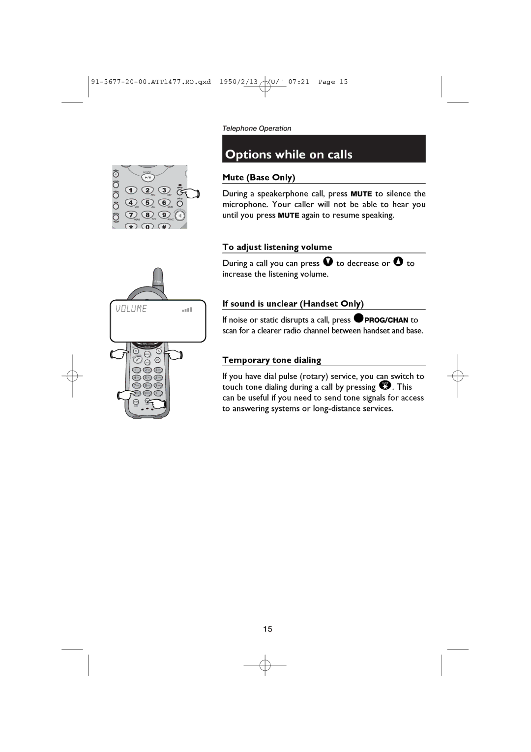 AT&T 1477/1177 user manual Mute Base Only, To adjust listening volume, Temporary tone dialing 