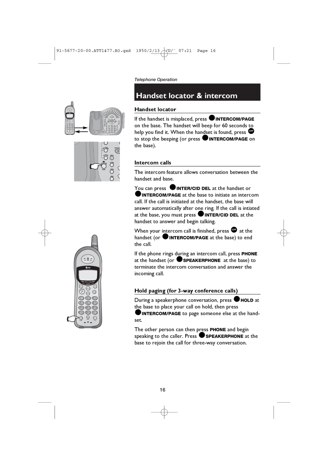 AT&T 1477/1177 user manual Handset locator & intercom, Intercom calls, Hold paging for 3-way conference calls 