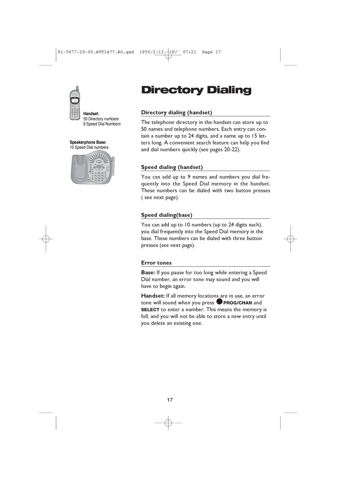 AT&T 1477/1177 user manual Directory Dialing, Directory numbers Speed Dial Numbers 