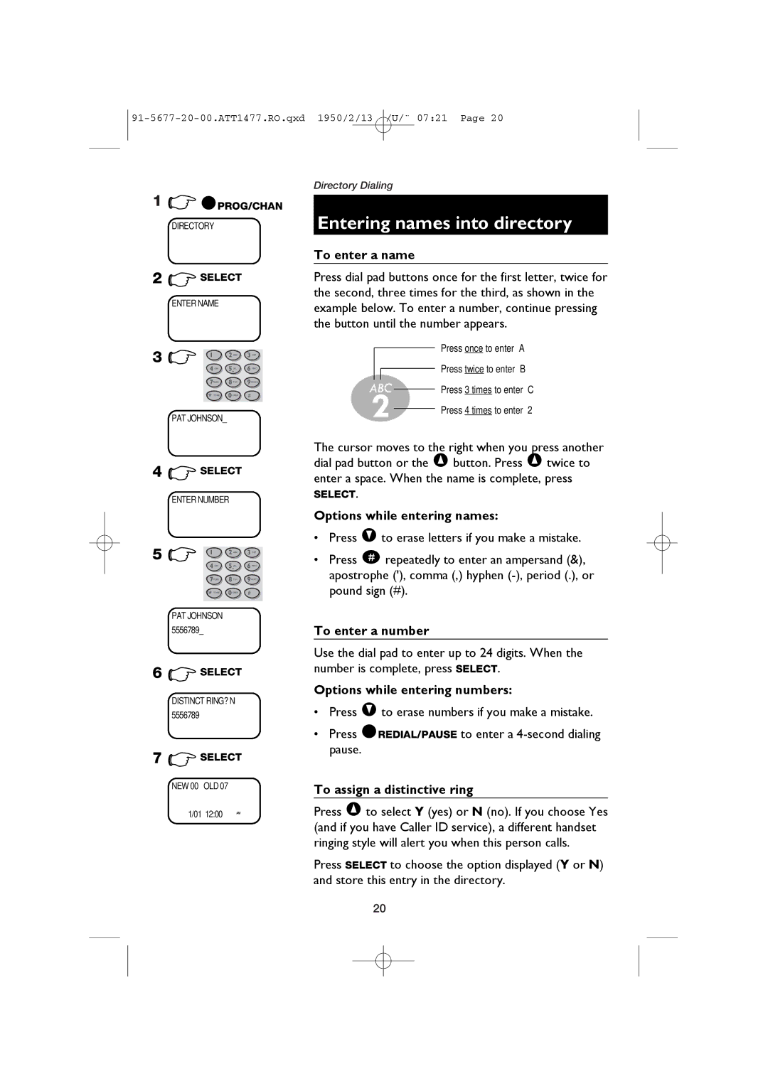 AT&T 1477/1177 user manual Entering names into directory 