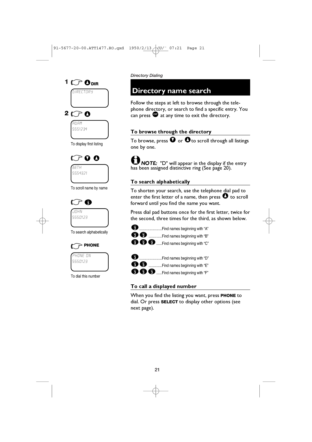 AT&T 1477/1177 user manual Directory name search, To browse through the directory, To search alphabetically 