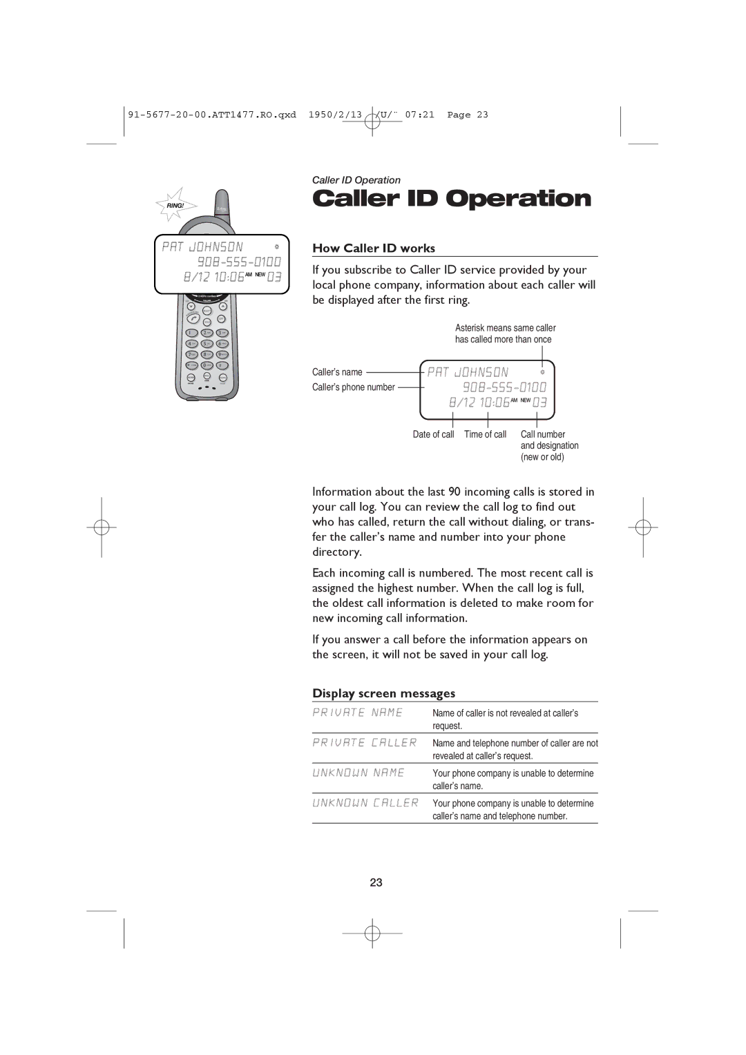 AT&T 1477/1177 user manual Caller ID Operation 