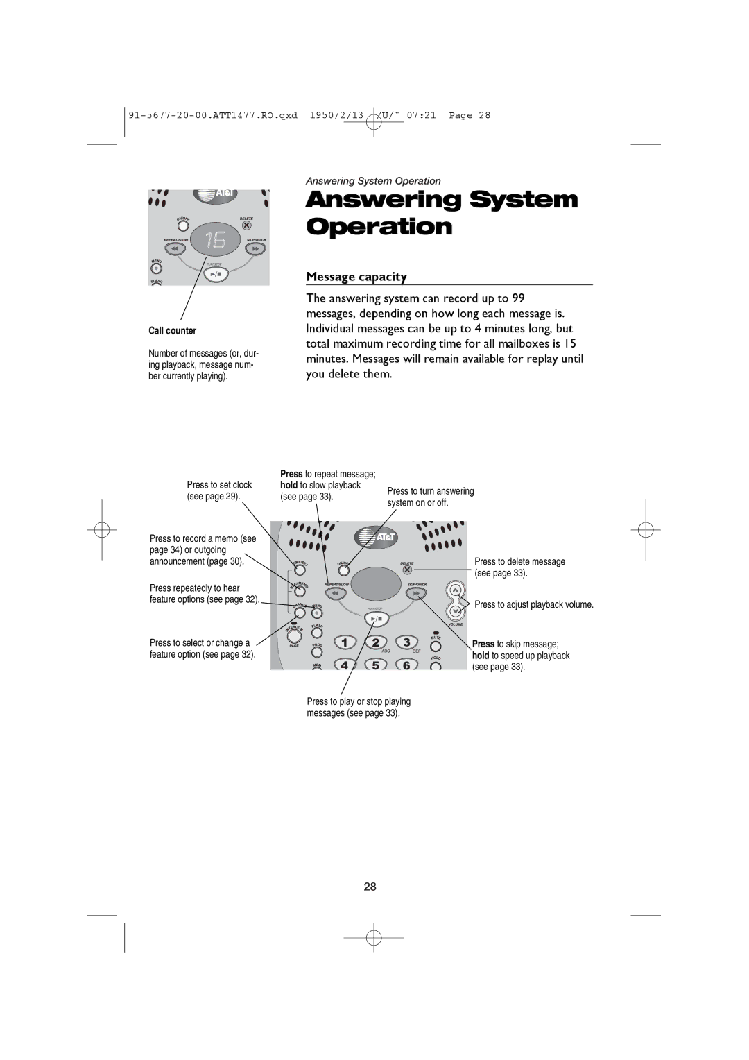 AT&T 1477/1177 user manual Message capacity, Press to adjust playback volume 