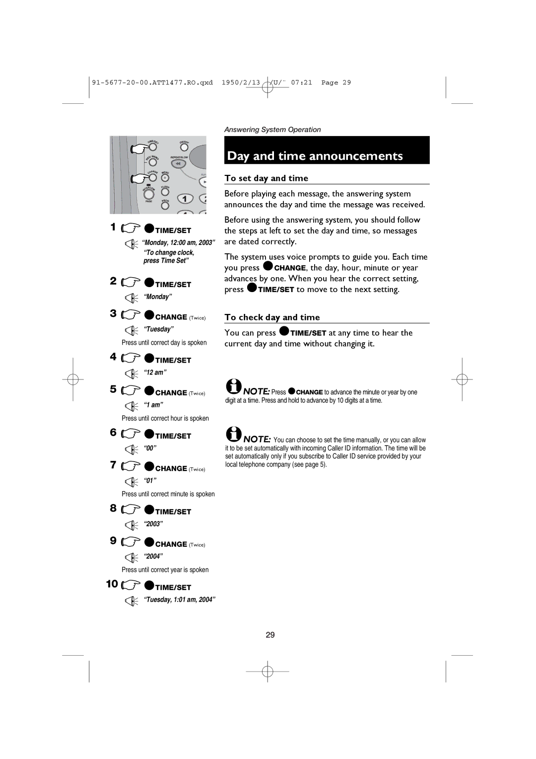 AT&T 1477/1177 user manual Day and time announcements, To set day and time, To check day and time 