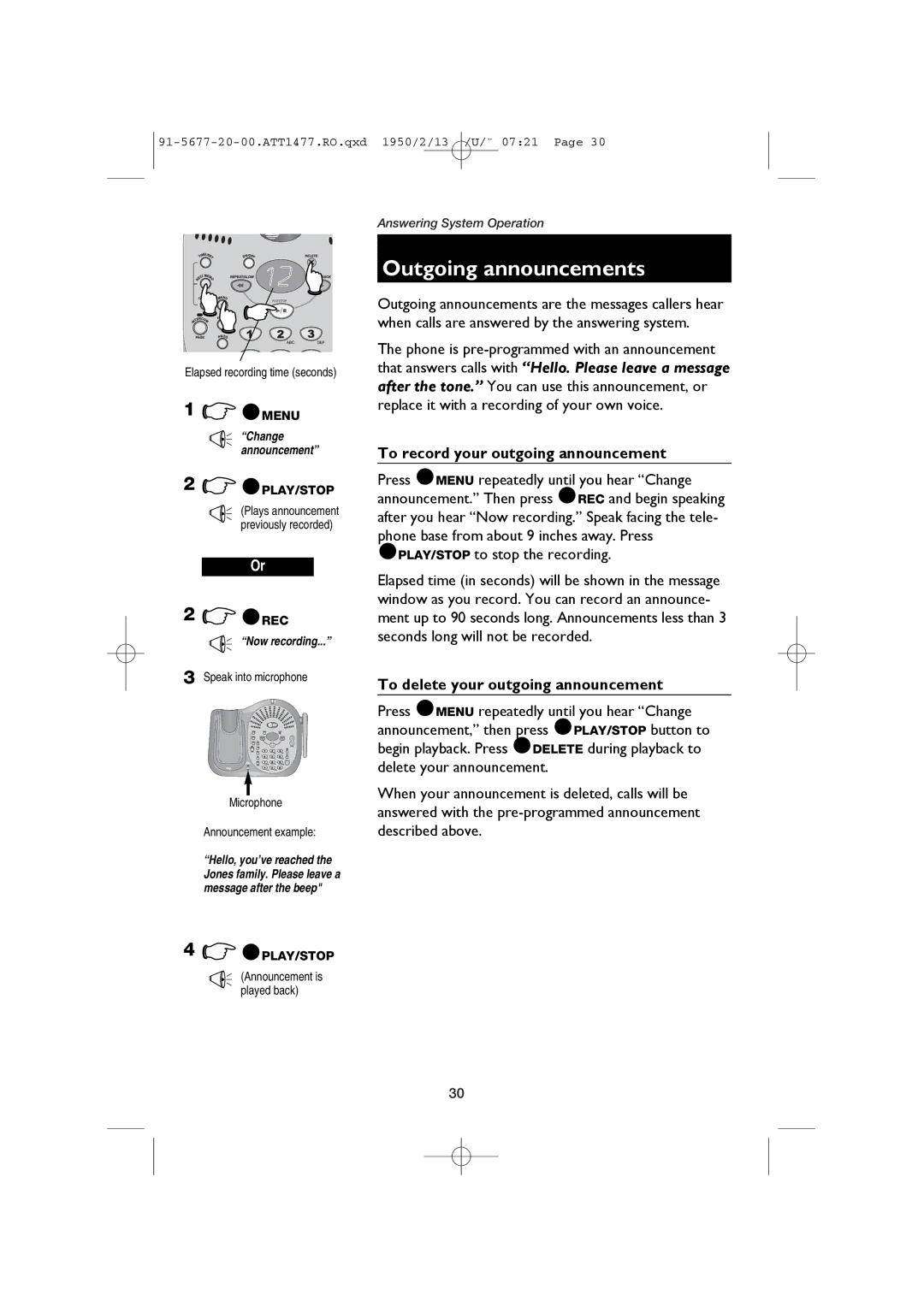 AT&T 1477/1177 Outgoing announcements, To record your outgoing announcement, To delete your outgoing announcement 