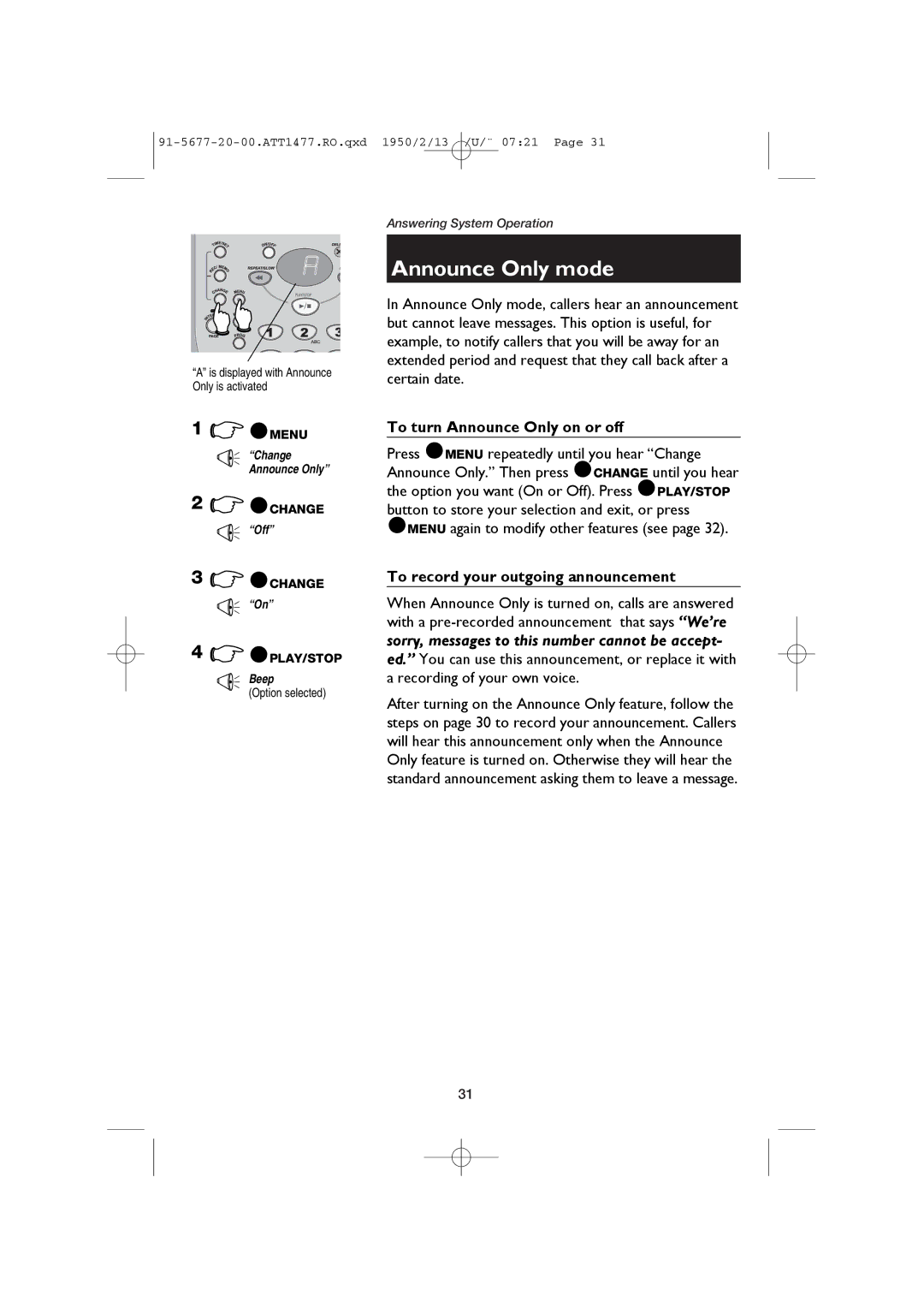 AT&T 1477/1177 user manual Announce Only mode, To turn Announce Only on or off, Option selected 