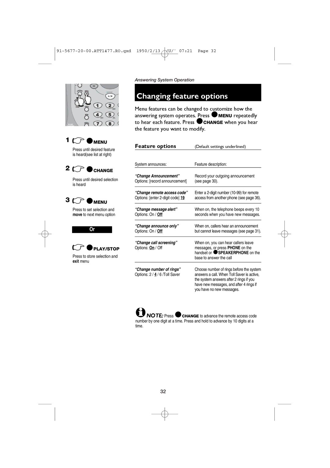 AT&T 1477/1177 user manual Changing feature options, Feature options 