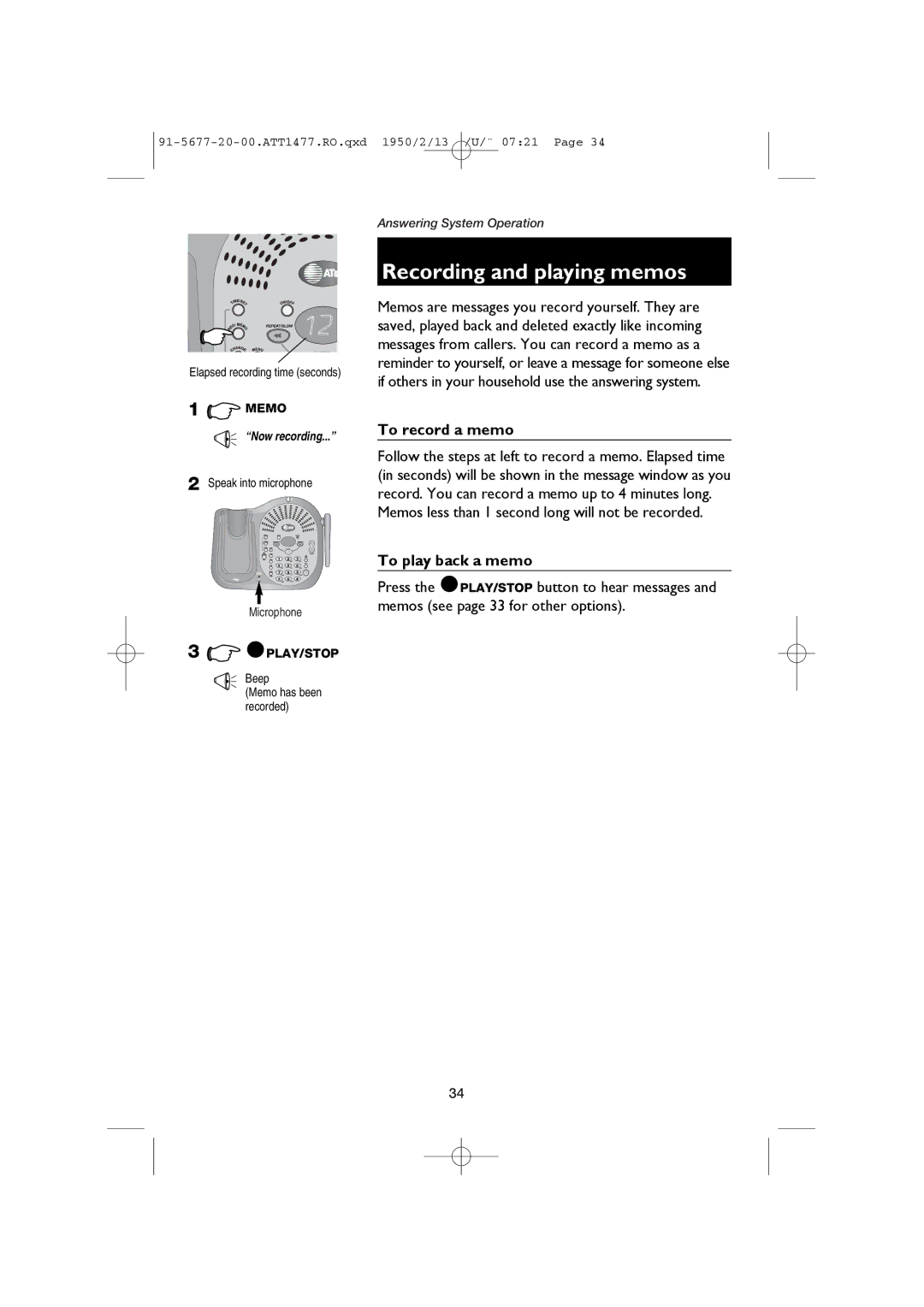 AT&T 1477/1177 user manual Recording and playing memos, To record a memo, To play back a memo, Speak into microphone, Beep 