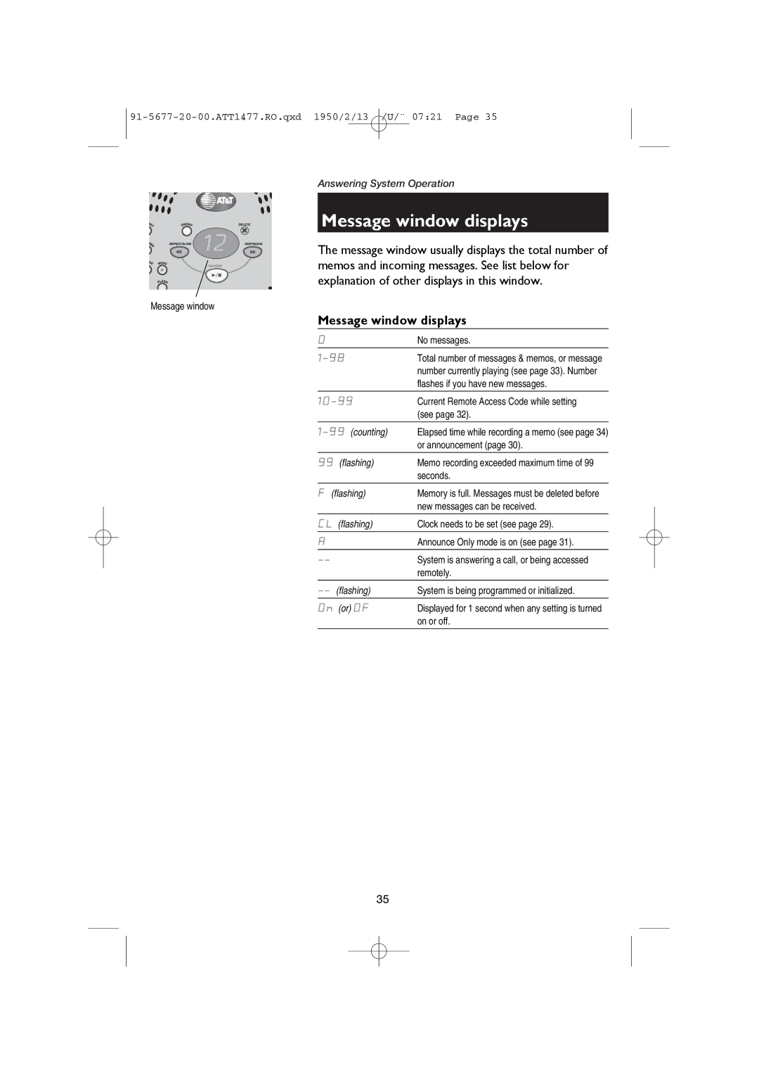 AT&T 1477/1177 user manual Message window displays 