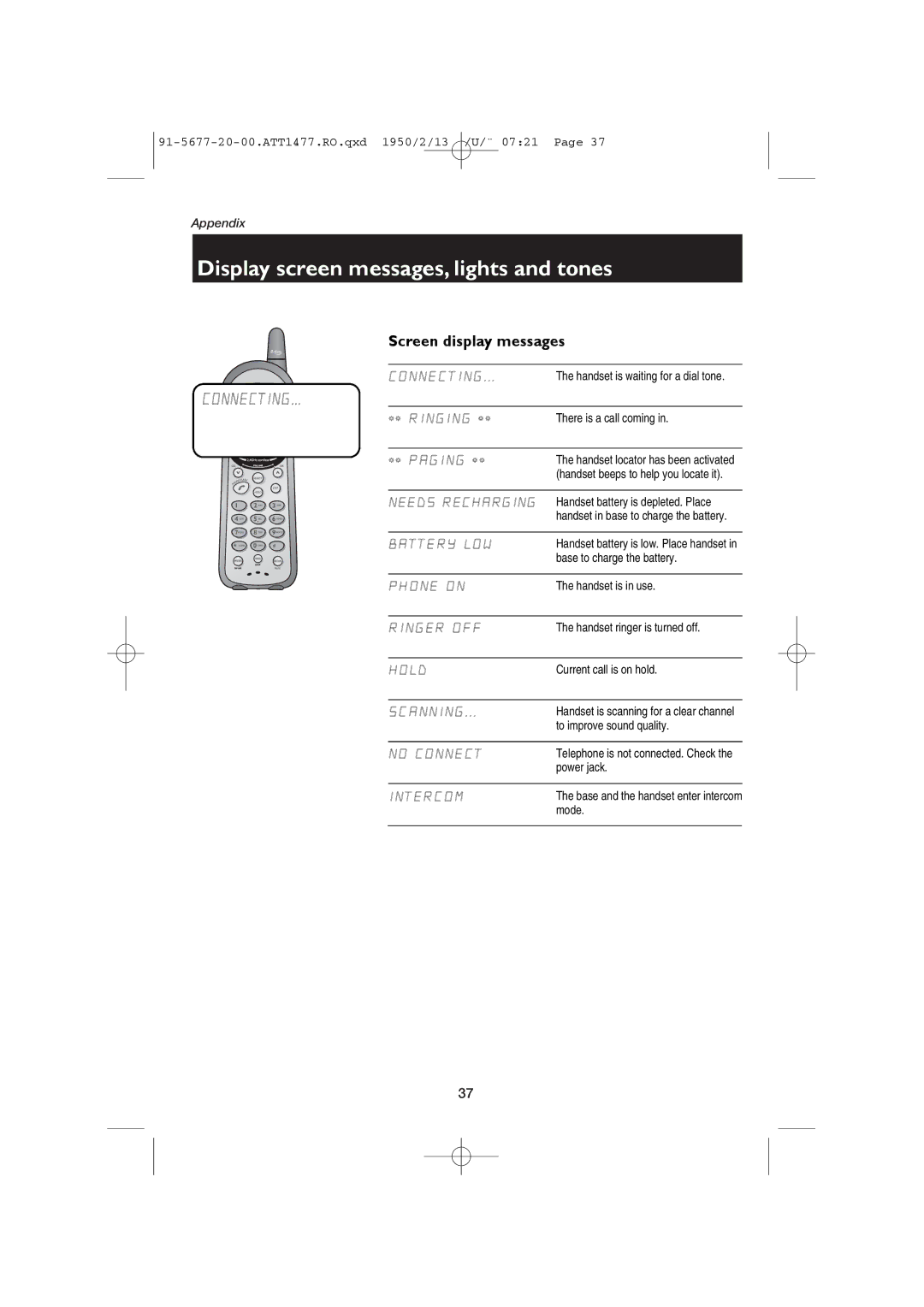 AT&T 1477/1177 user manual Display screen messages, lights and tones, Screen display messages 