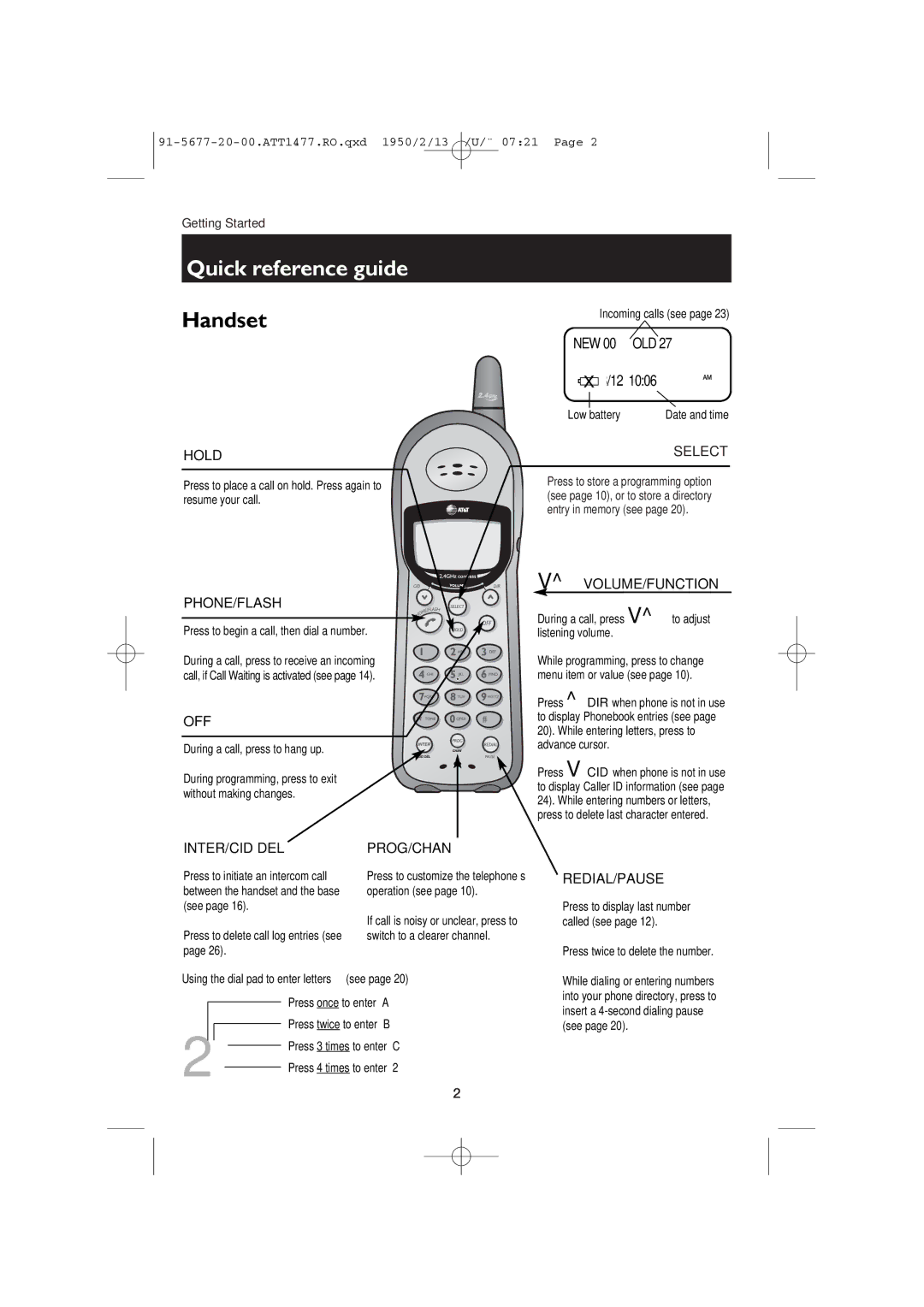 AT&T 1477/1177 user manual Quick reference guide 