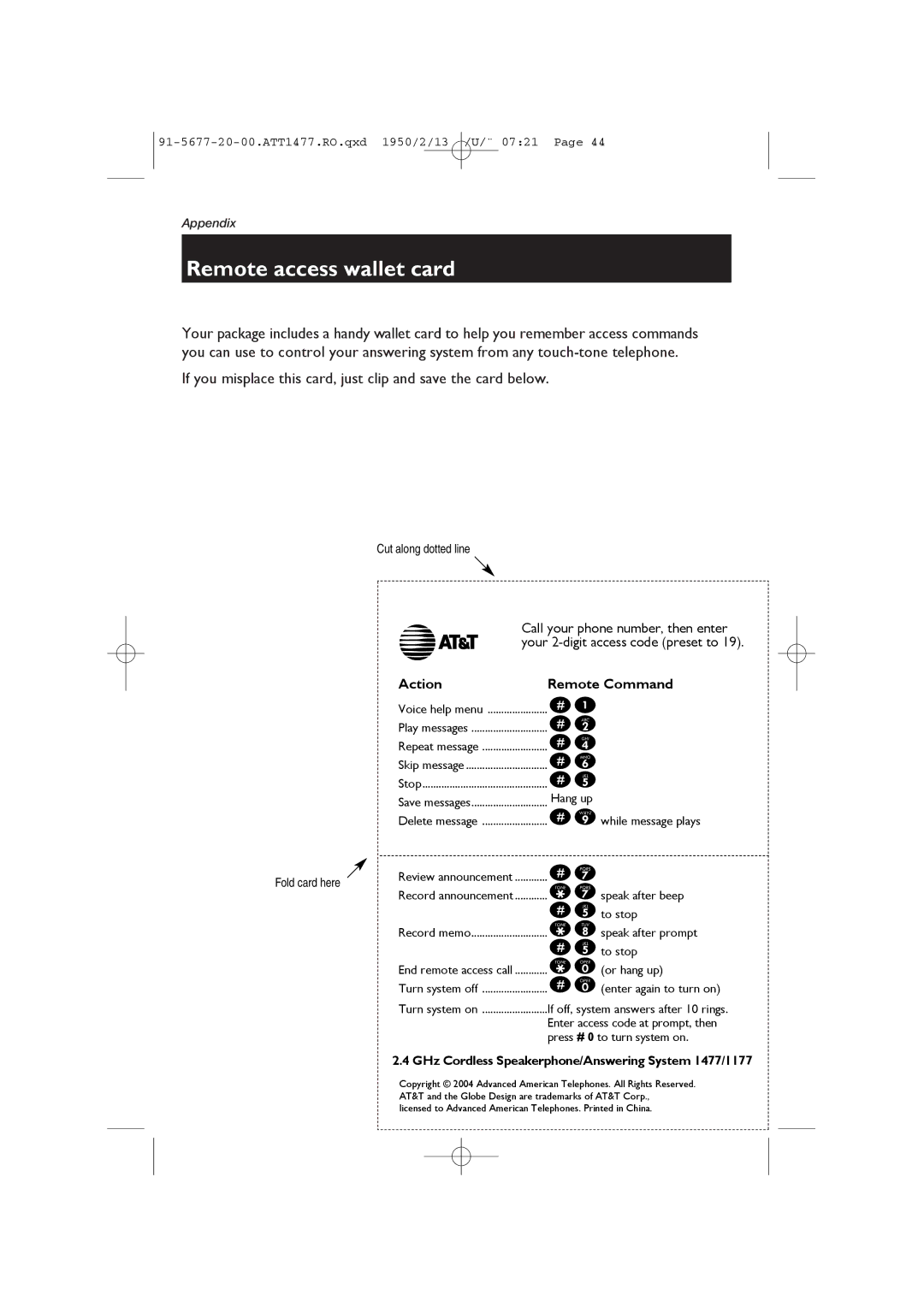 AT&T 1477/1177 user manual Remote access wallet card, Cut along dotted line, Fold card here 