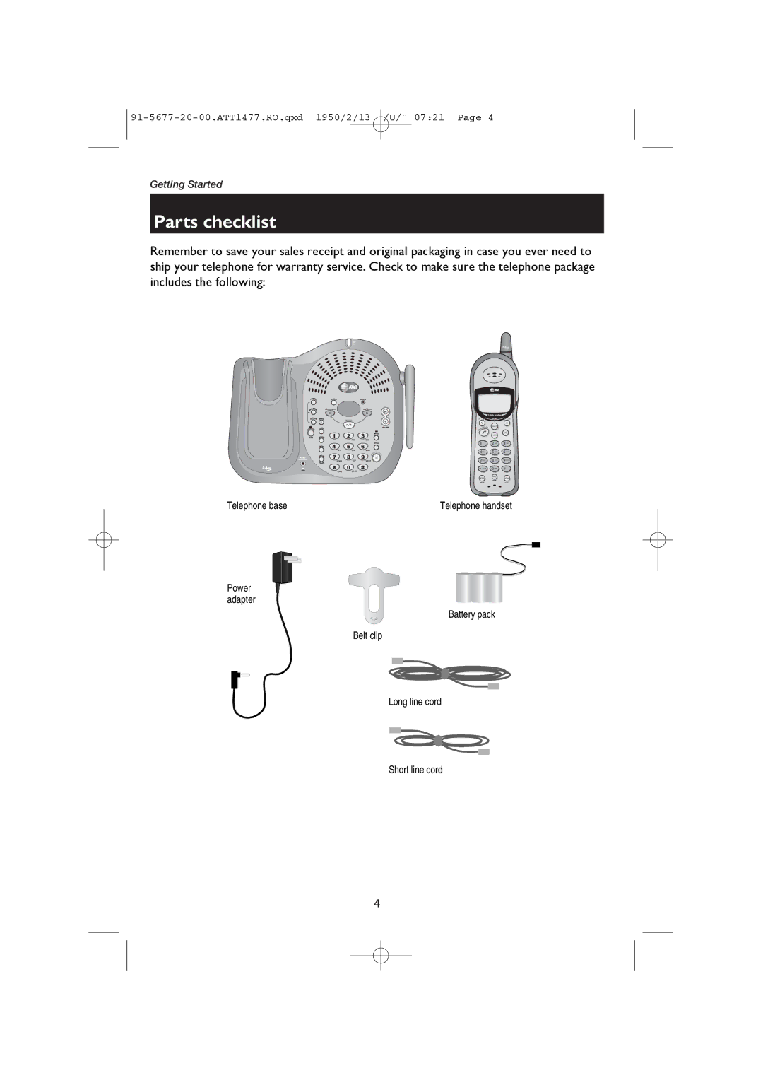 AT&T 1477/1177 user manual Parts checklist, Telephone base 