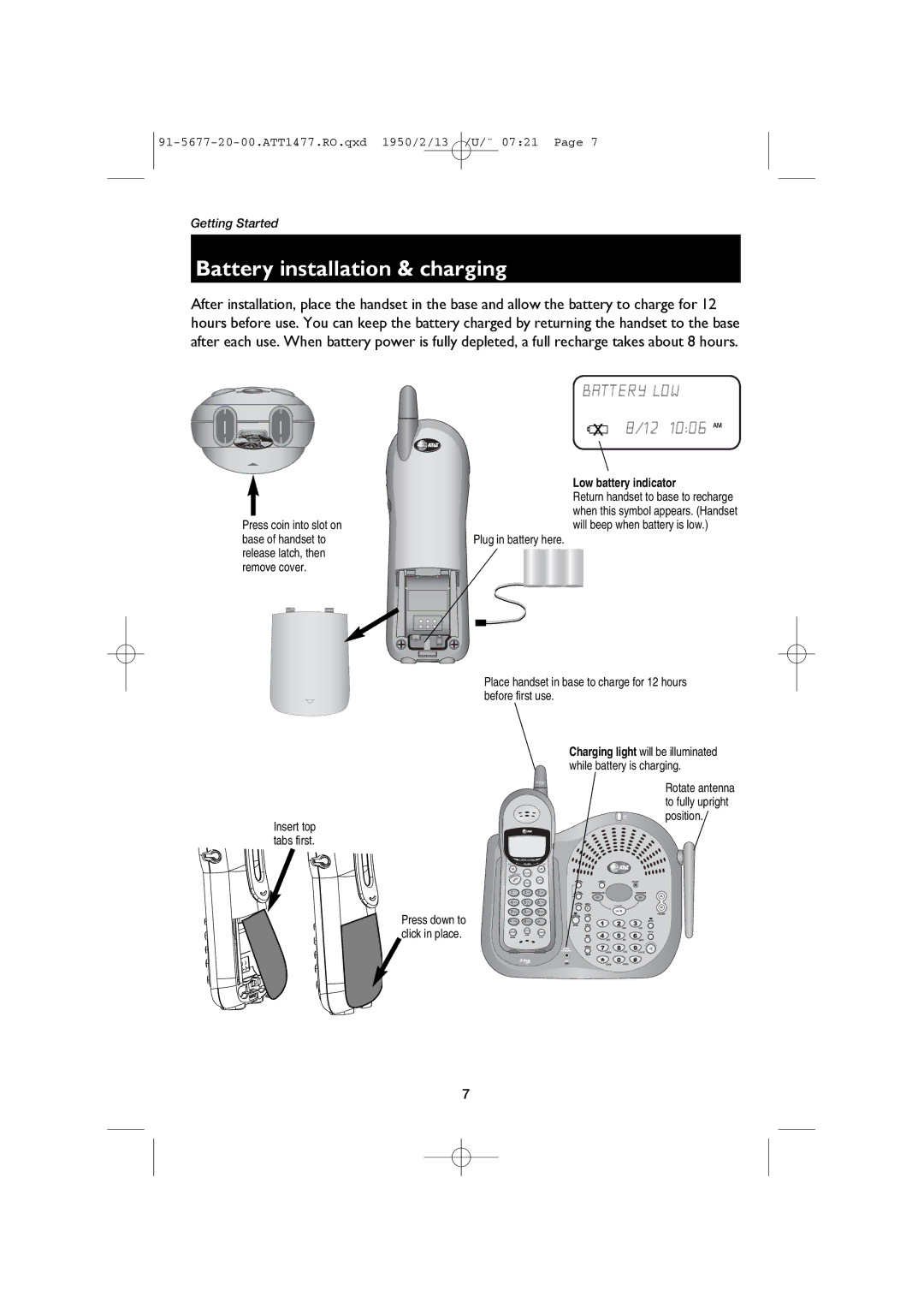 AT&T 1477/1177 user manual Battery installation & charging, Battery LOW 