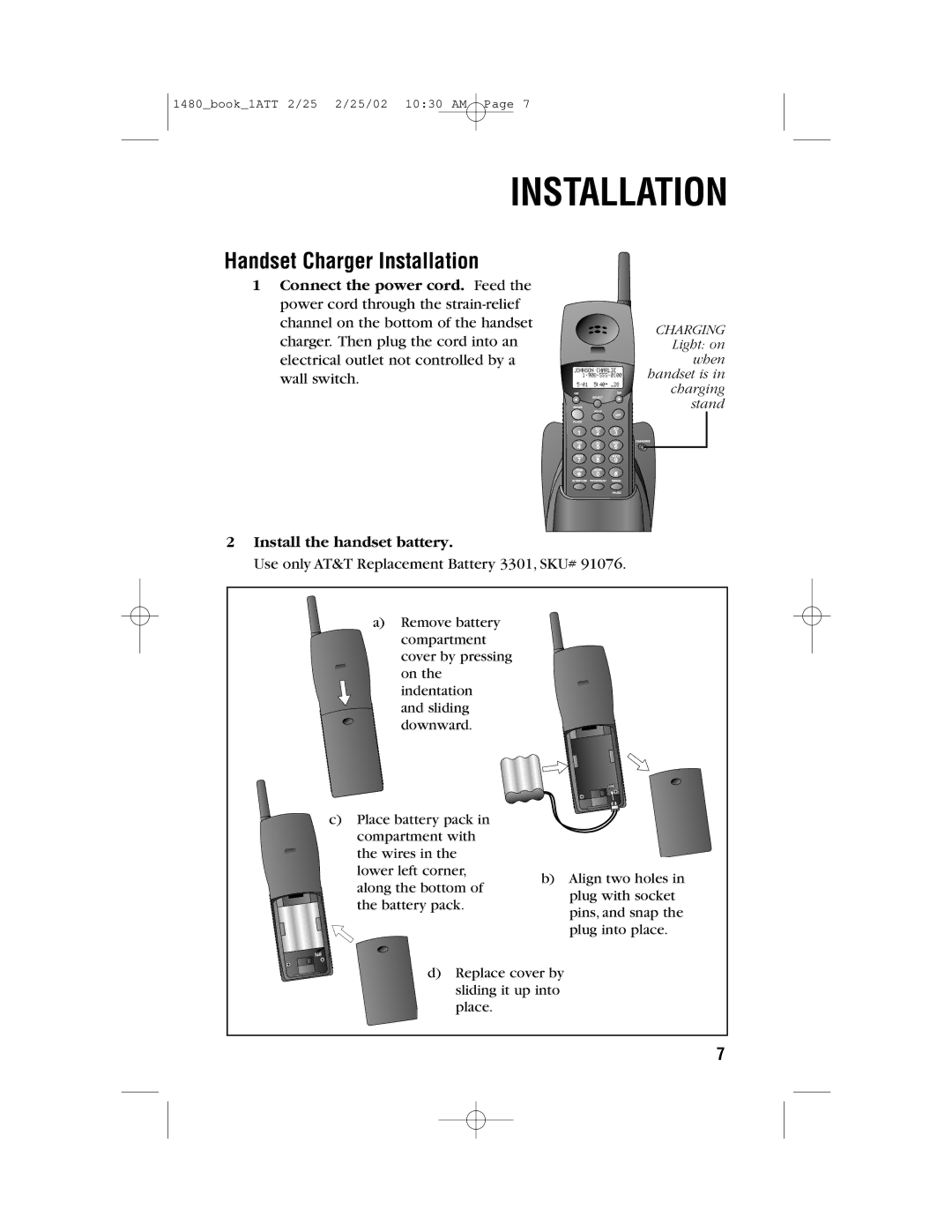 AT&T 1480 user manual Handset Charger Installation, Install the handset battery 