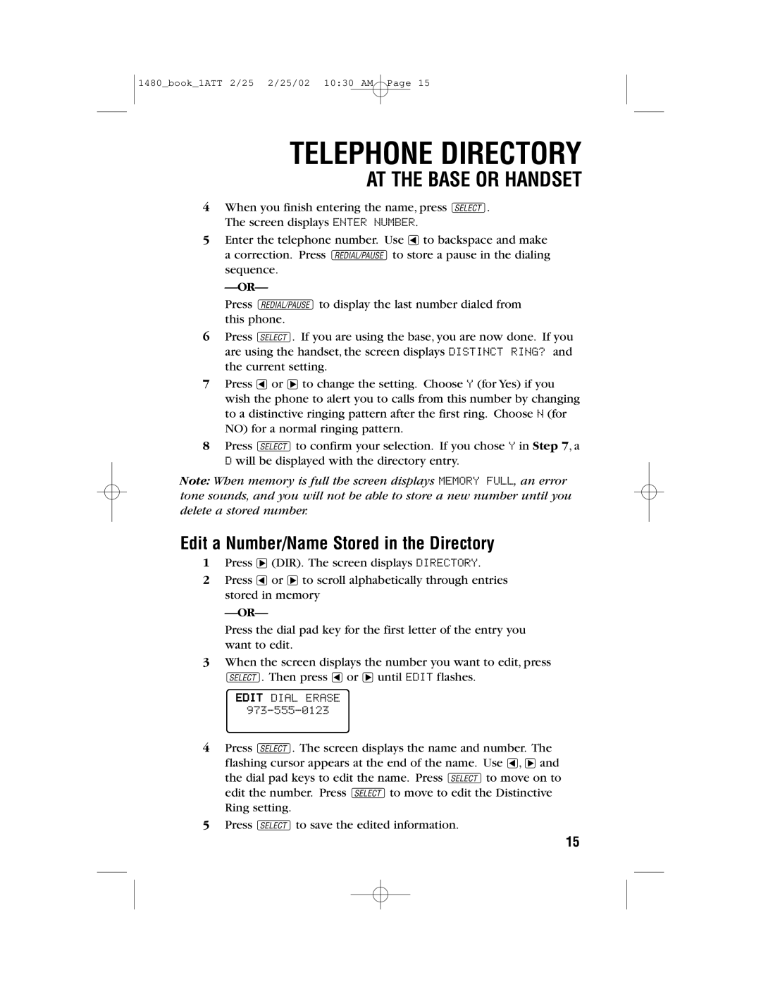 AT&T 1480 user manual Edit a Number/Name Stored in the Directory, Edit Dial Erase 