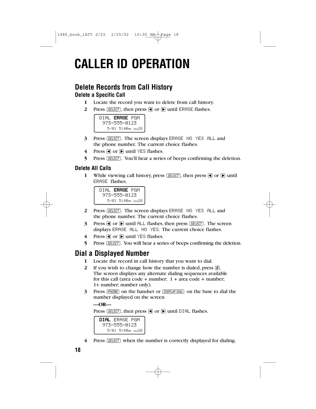 AT&T 1480 user manual Delete Records from Call History, Dial a Displayed Number, Delete a Specific Call, Delete All Calls 