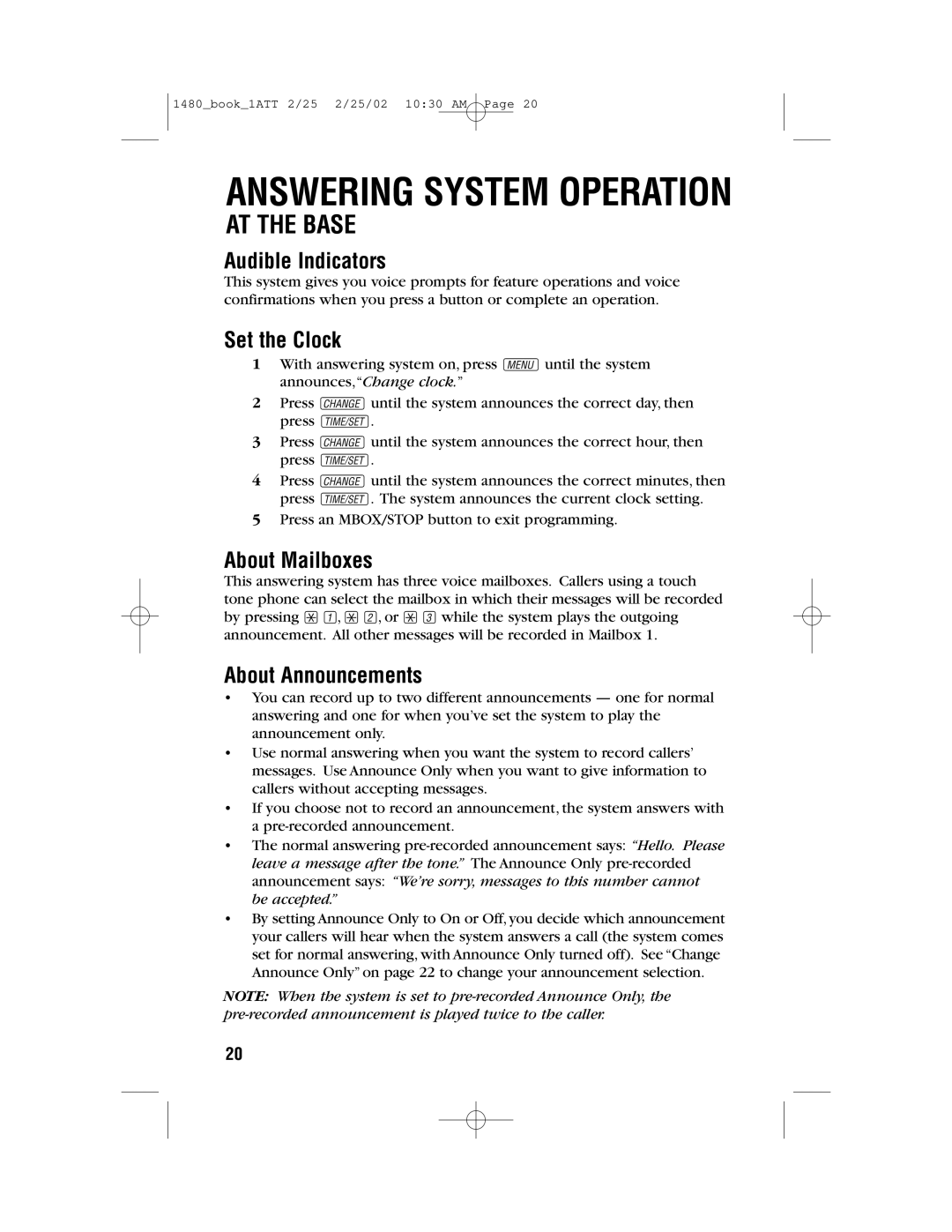 AT&T 1480 user manual Answering System Operation, Audible Indicators, Set the Clock, About Mailboxes, About Announcements 