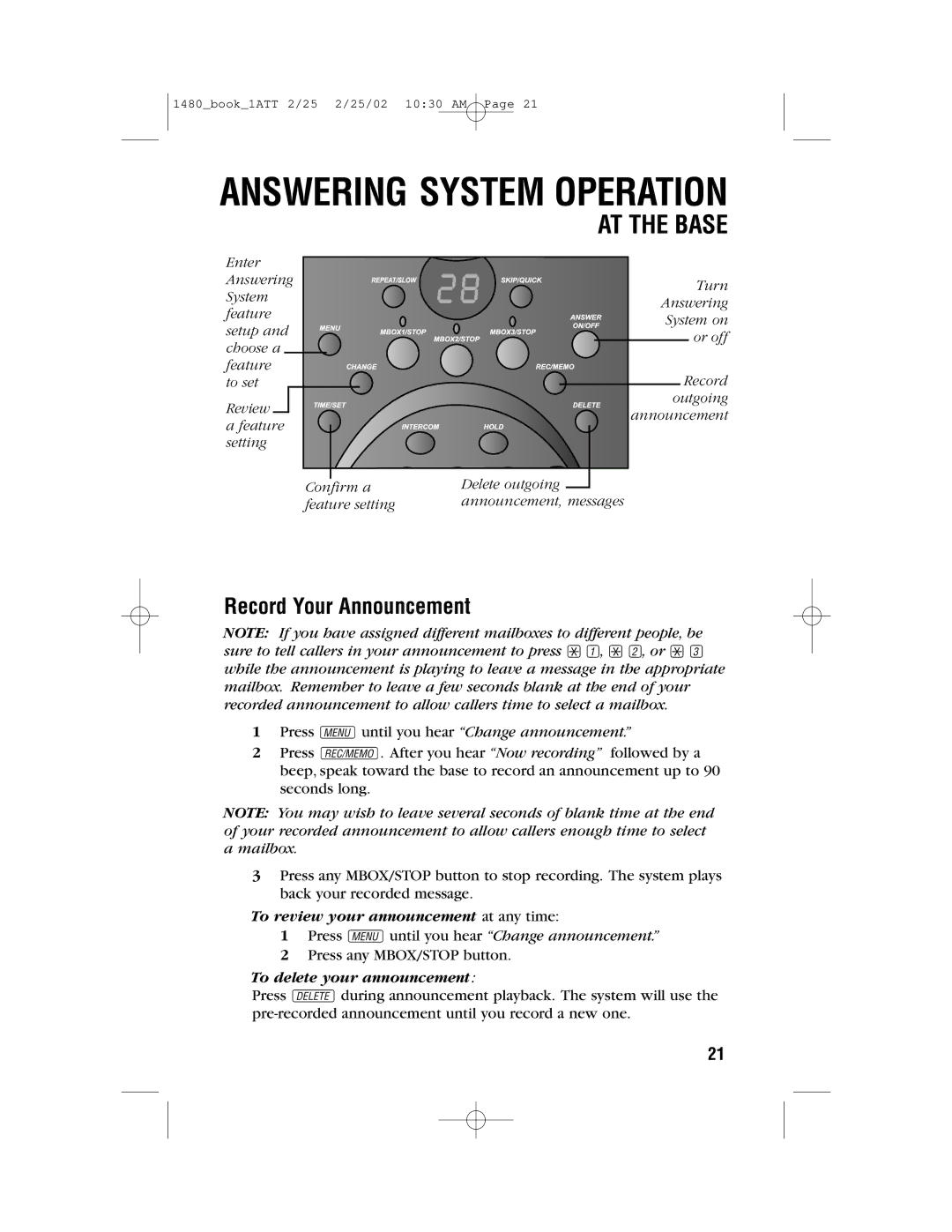 AT&T 1480 user manual Record Your Announcement, Press Uuntil you hear Change announcement 