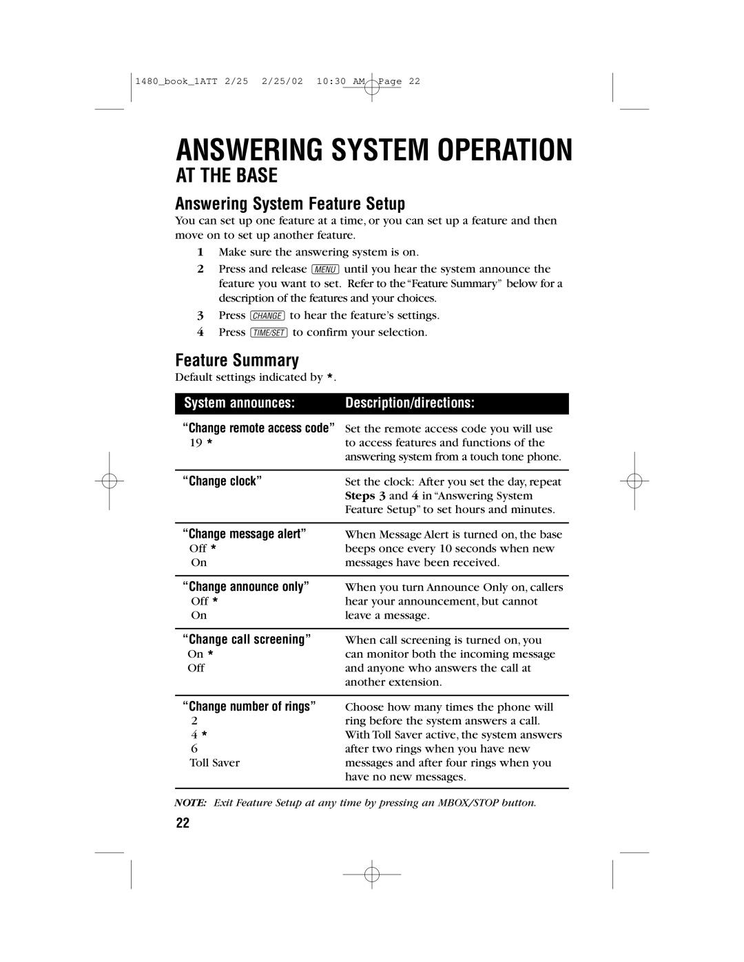 AT&T 1480 user manual Answering System Feature Setup, Feature Summary 