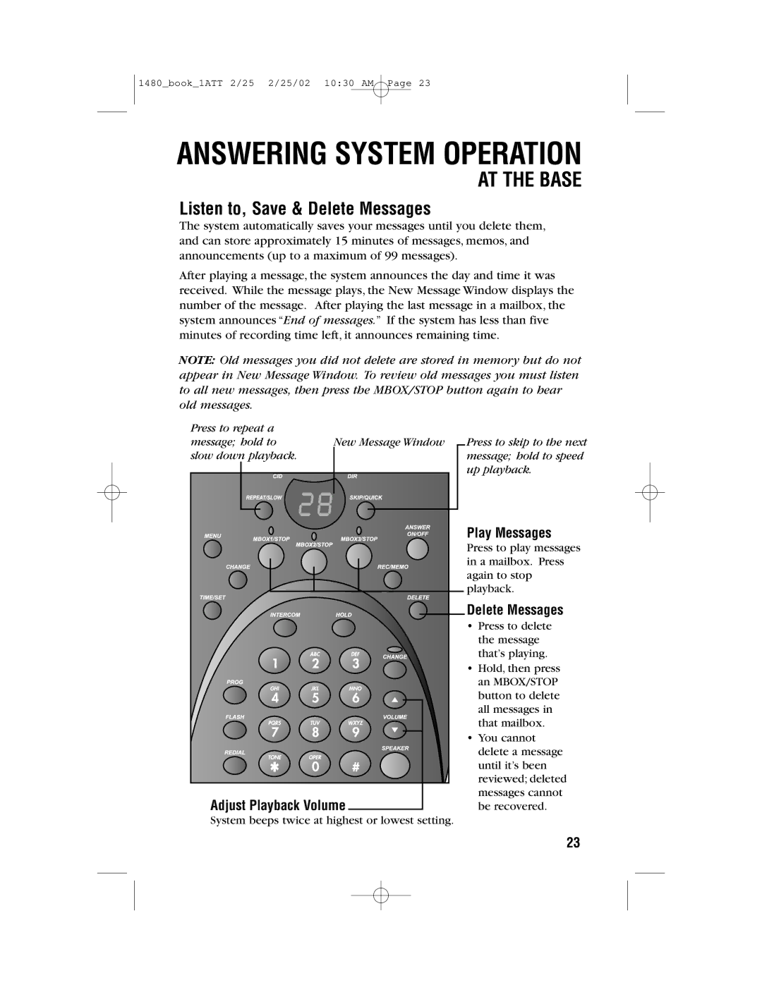 AT&T 1480 user manual Listen to, Save & Delete Messages, Play Messages, Adjust Playback Volume 