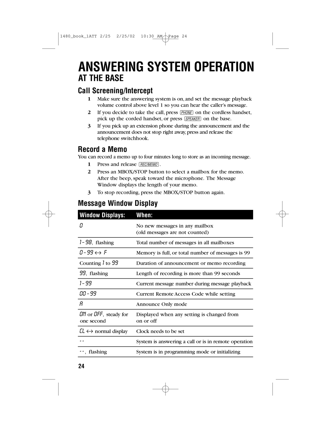 AT&T 1480 user manual Call Screening/Intercept, Record a Memo, Message Window Display 