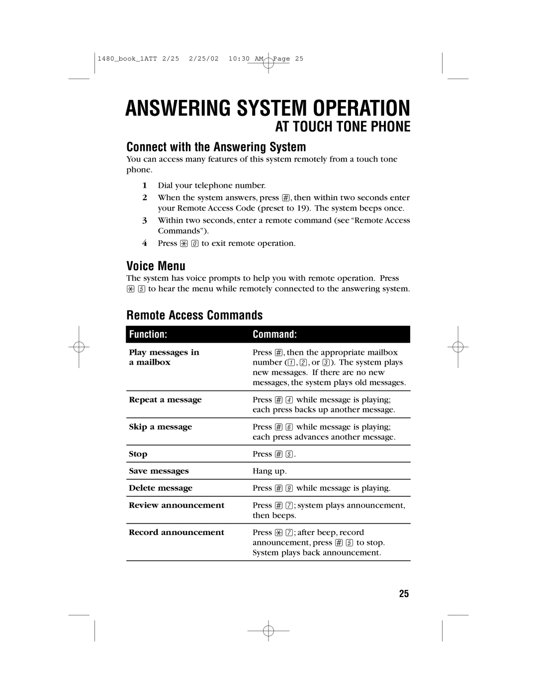 AT&T 1480 user manual Connect with the Answering System, Voice Menu, Remote Access Commands 