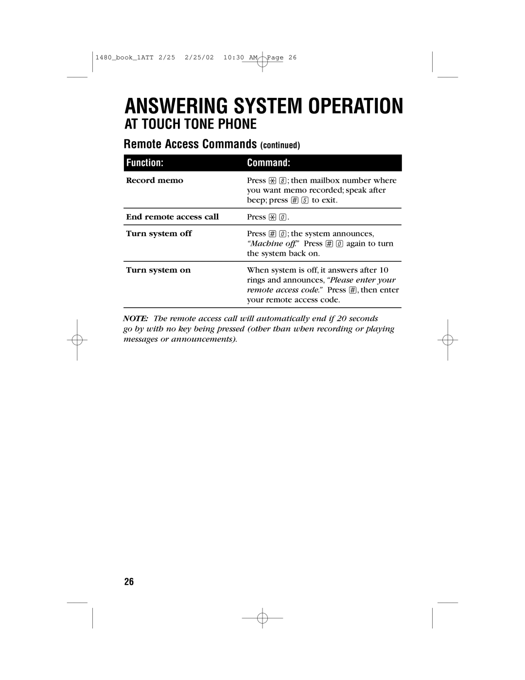 AT&T 1480 user manual Record memo, End remote access call, Turn system off, Turn system on 