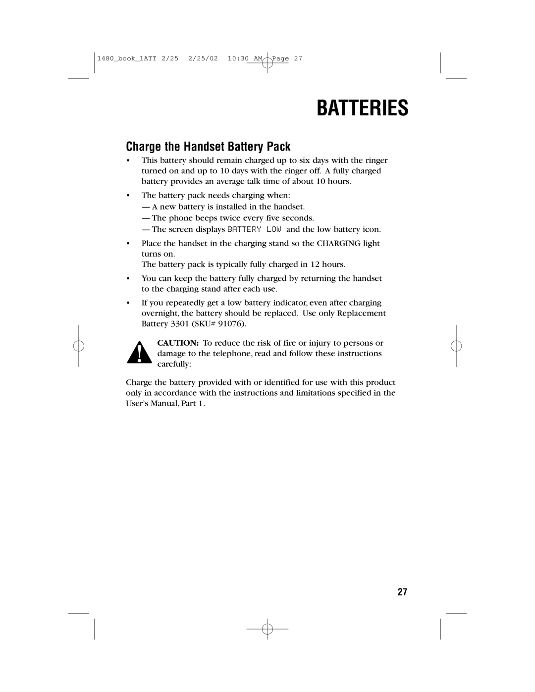 AT&T 1480 user manual Batteries, Charge the Handset Battery Pack 