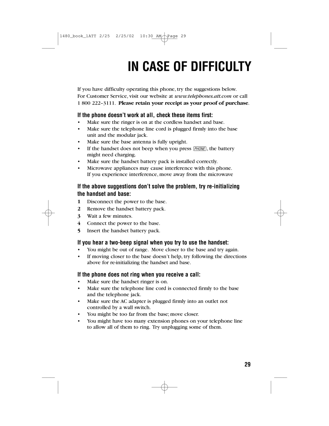 AT&T 1480 user manual Case of Difficulty, If the phone doesn’t work at all, check these items first 