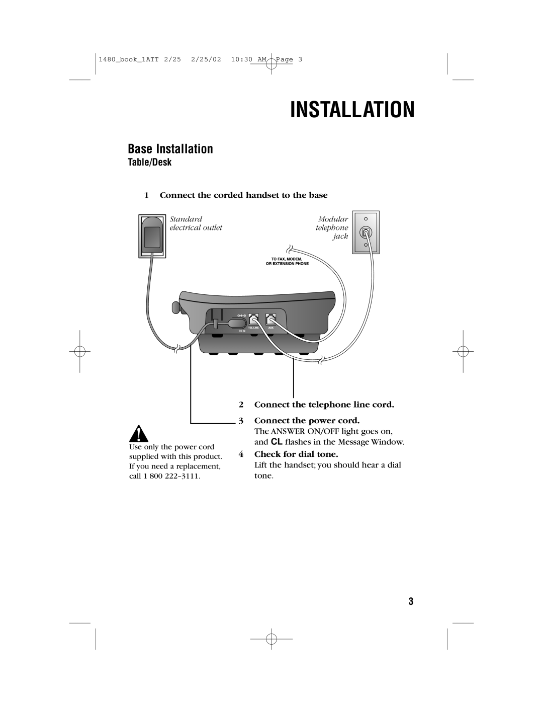 AT&T 1480 user manual Base Installation, Table/Desk 