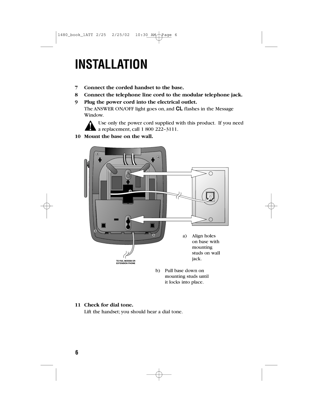 AT&T 1480 user manual Mount the base on the wall, Check for dial tone 