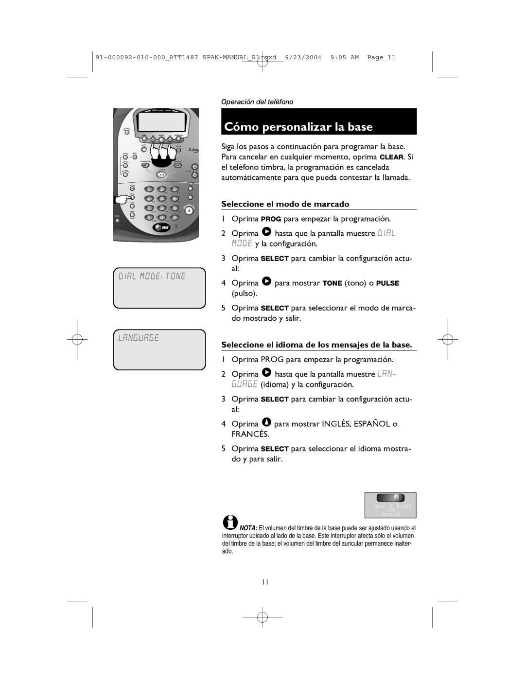 AT&T 1187, 1487 Cómo personalizar la base, Seleccione el modo de marcado, Seleccione el idioma de los mensajes de la base 