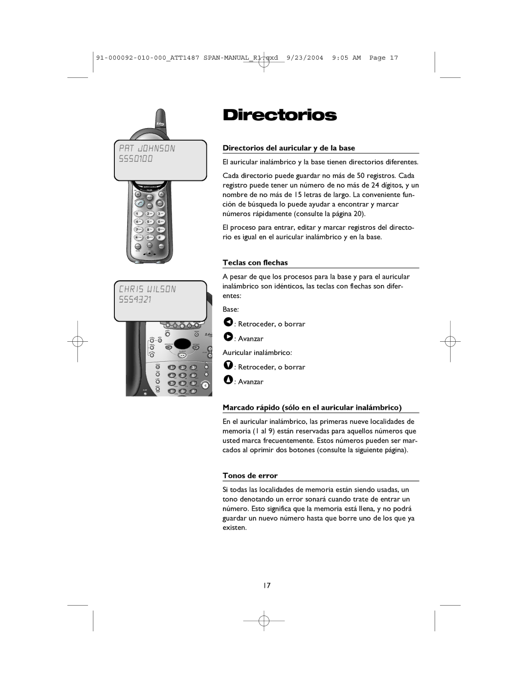 AT&T 1187 Directorios del auricular y de la base, Teclas con flechas, Marcado rápido sólo en el auricular inalámbrico 
