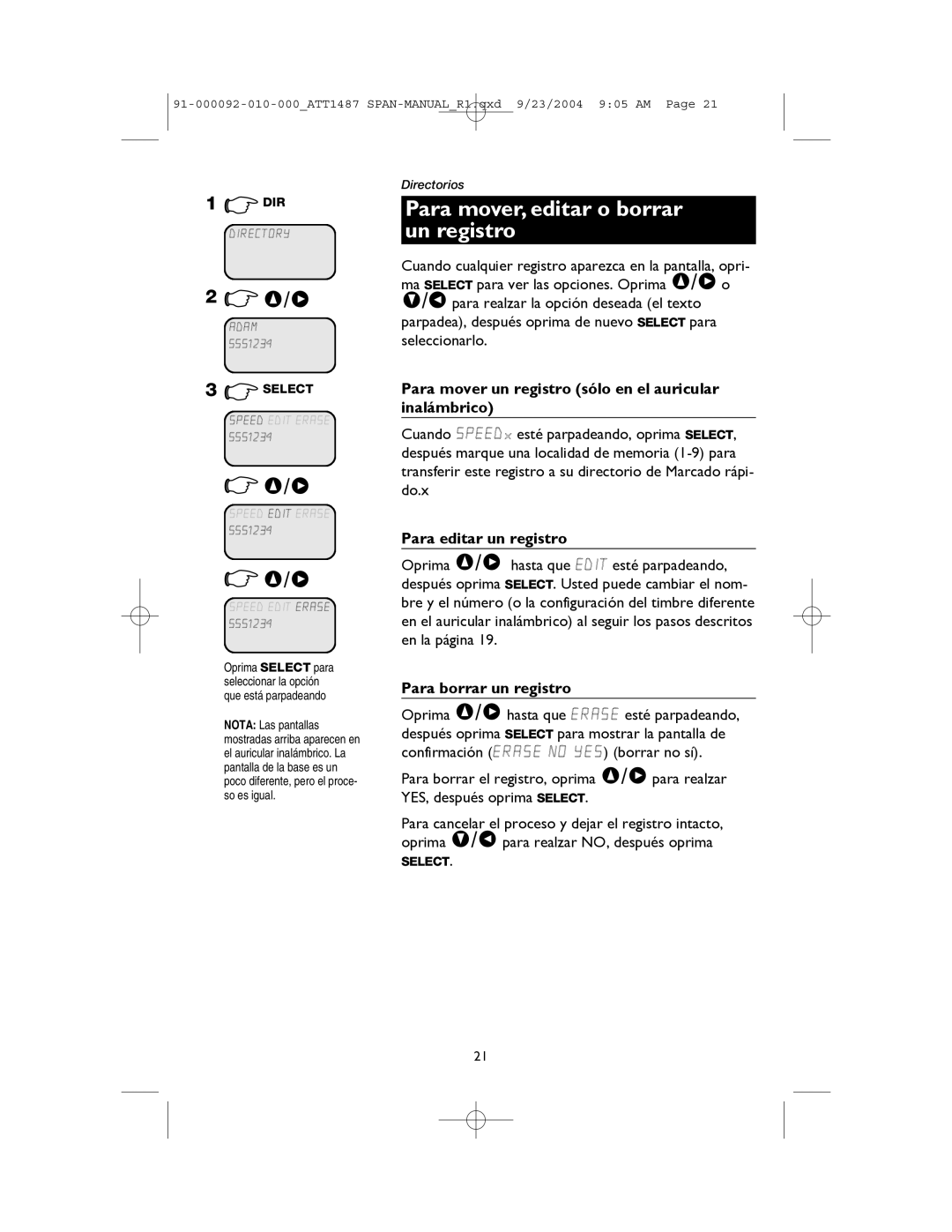 AT&T 1187, 1487 manual Para mover, editar o borrar un registro, Para mover un registro sólo en el auricular inalámbrico 