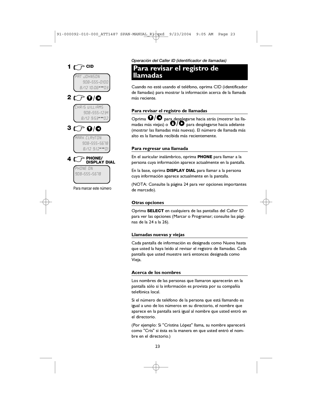 AT&T 1187, 1487 manual Para revisar el registro de llamadas 