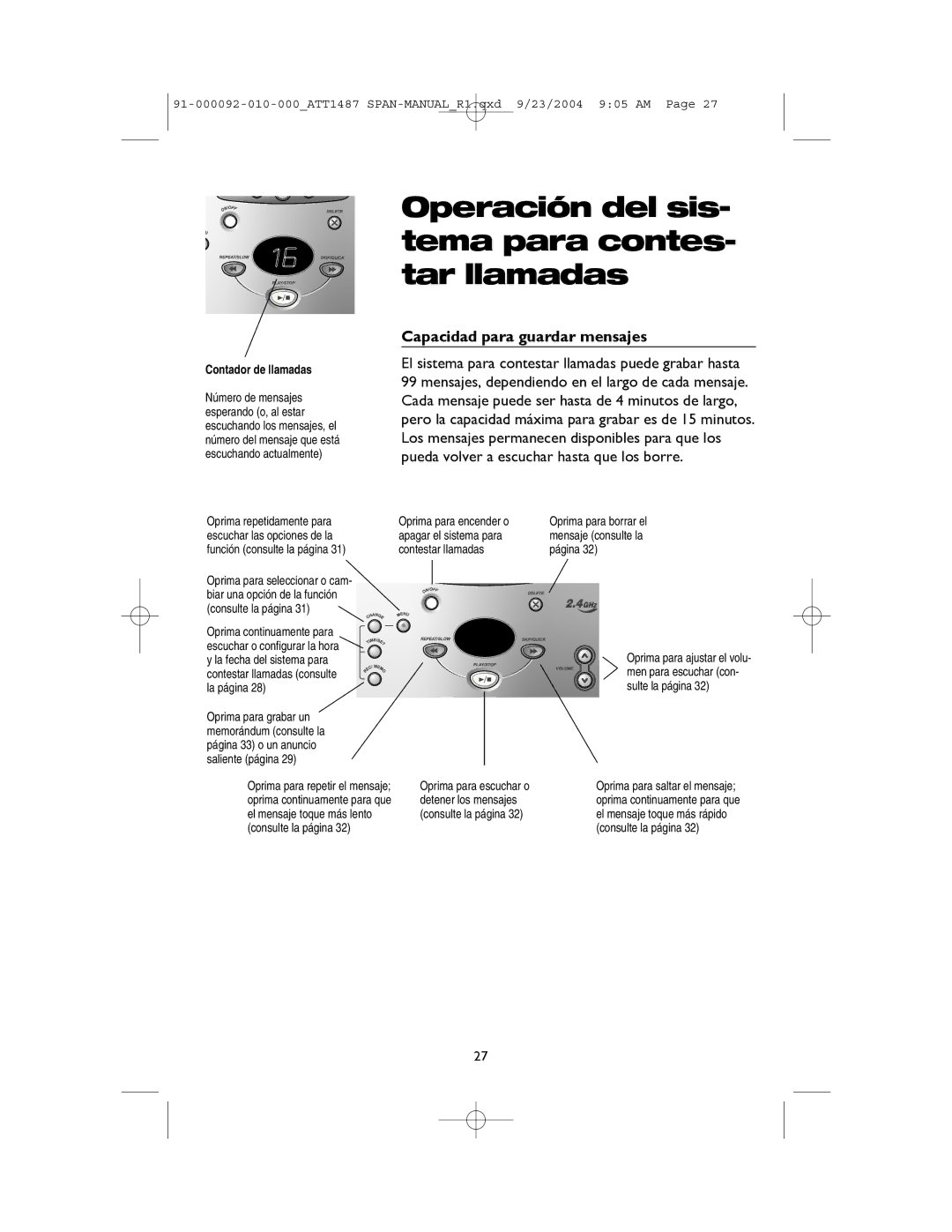 AT&T 1187, 1487 manual Capacidad para guardar mensajes, Contador de llamadas 