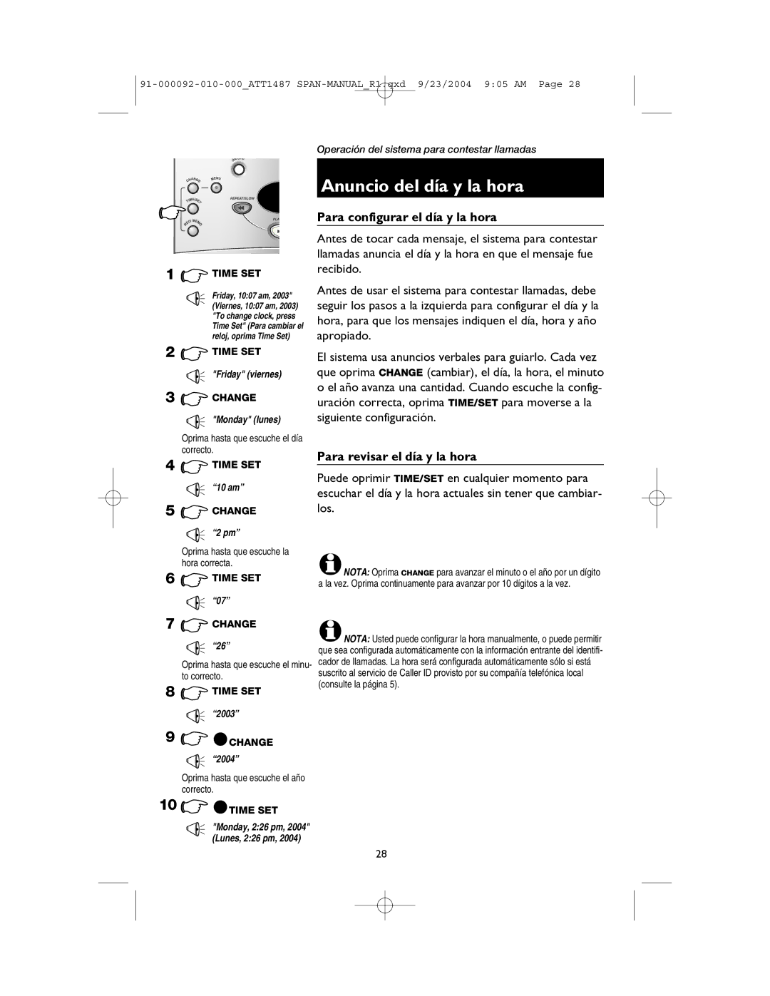 AT&T 1487, 1187 manual Anuncio del día y la hora, Para configurar el día y la hora, Para revisar el día y la hora 