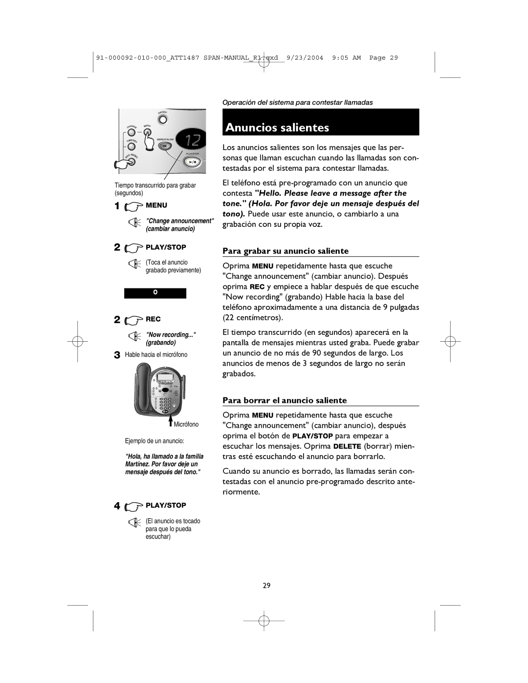 AT&T 1187, 1487 manual Anuncios salientes, Para grabar su anuncio saliente, Para borrar el anuncio saliente 