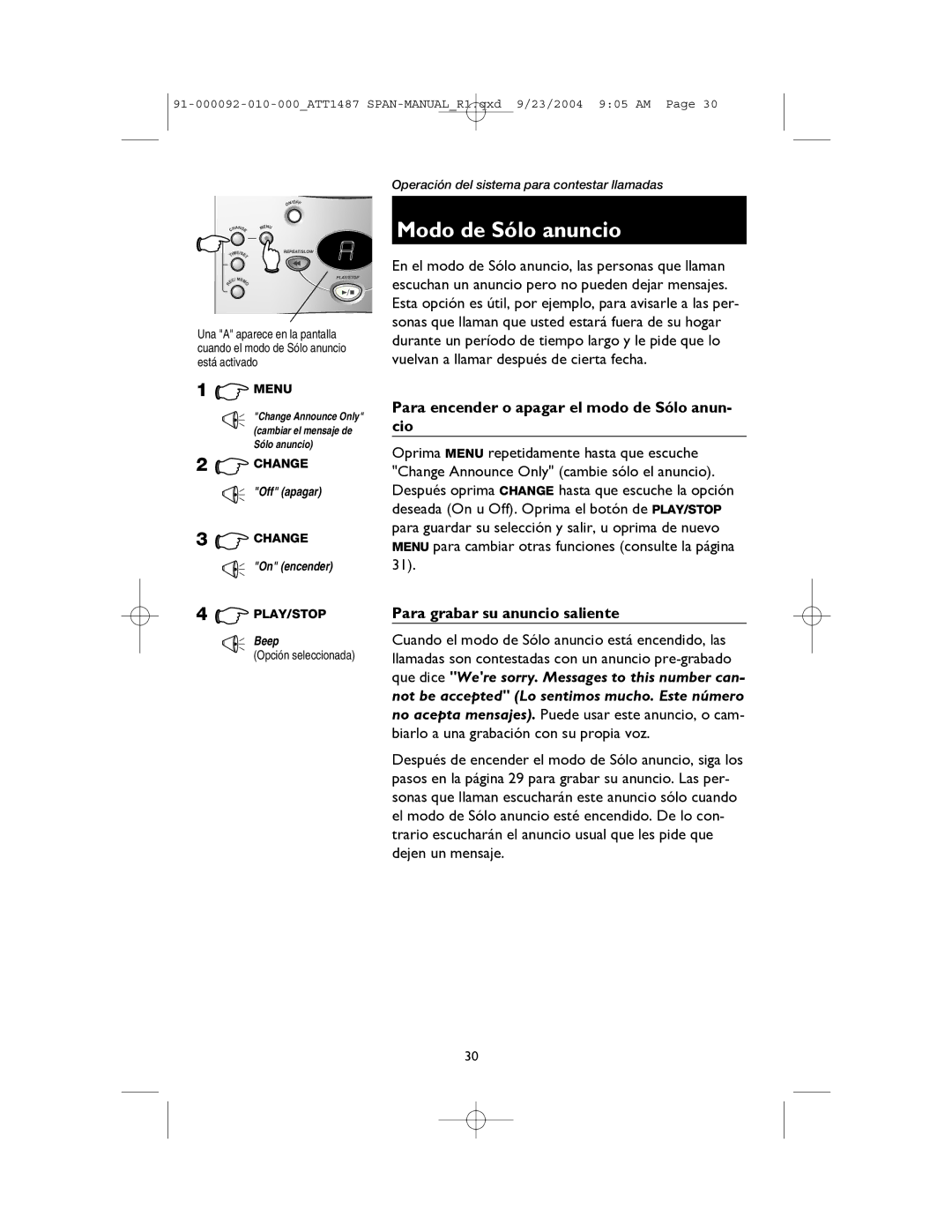 AT&T 1487, 1187 manual Modo de Sólo anuncio, Para encender o apagar el modo de Sólo anun- cio, Opción seleccionada 