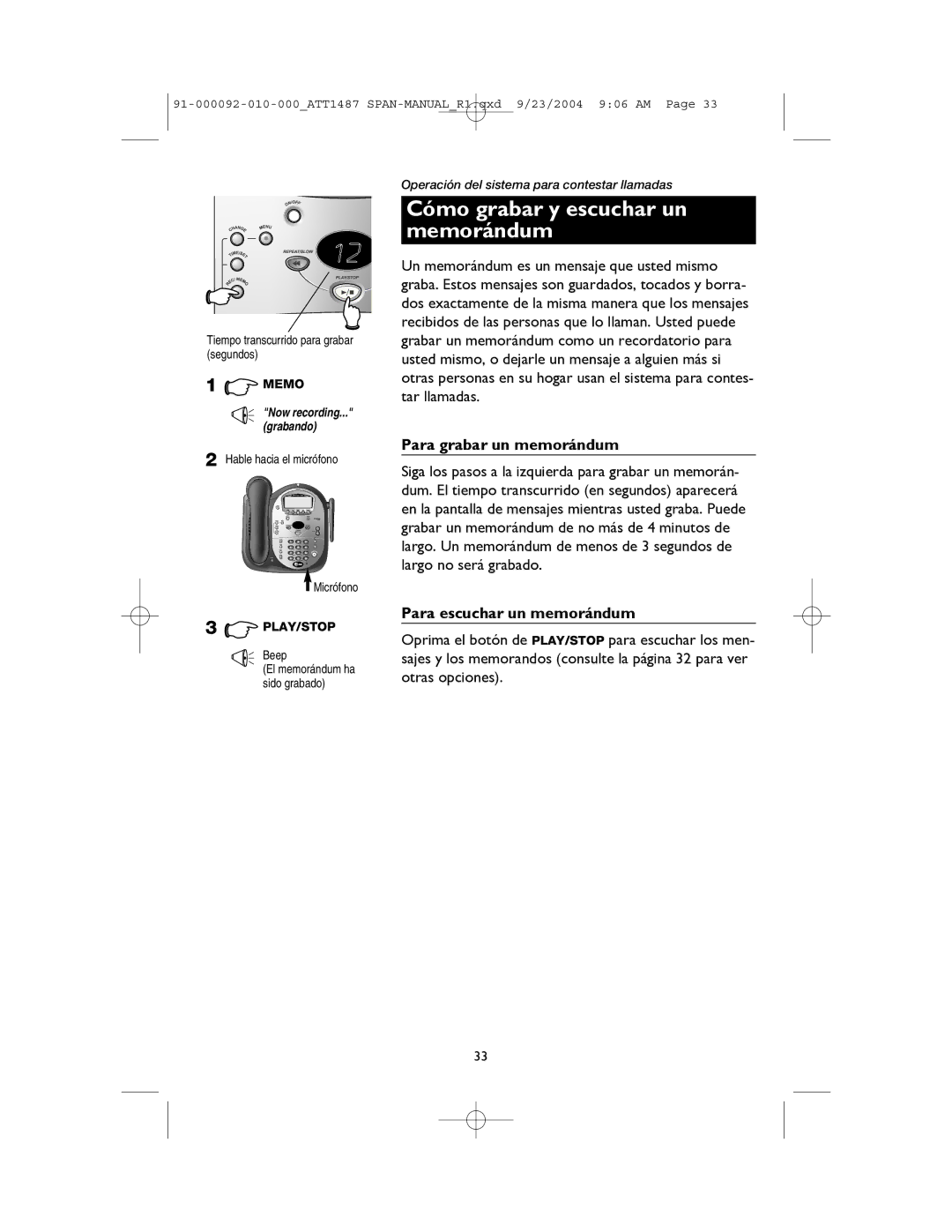 AT&T 1187, 1487 manual Cómo grabar y escuchar un memorándum, Para grabar un memorándum, Para escuchar un memorándum 