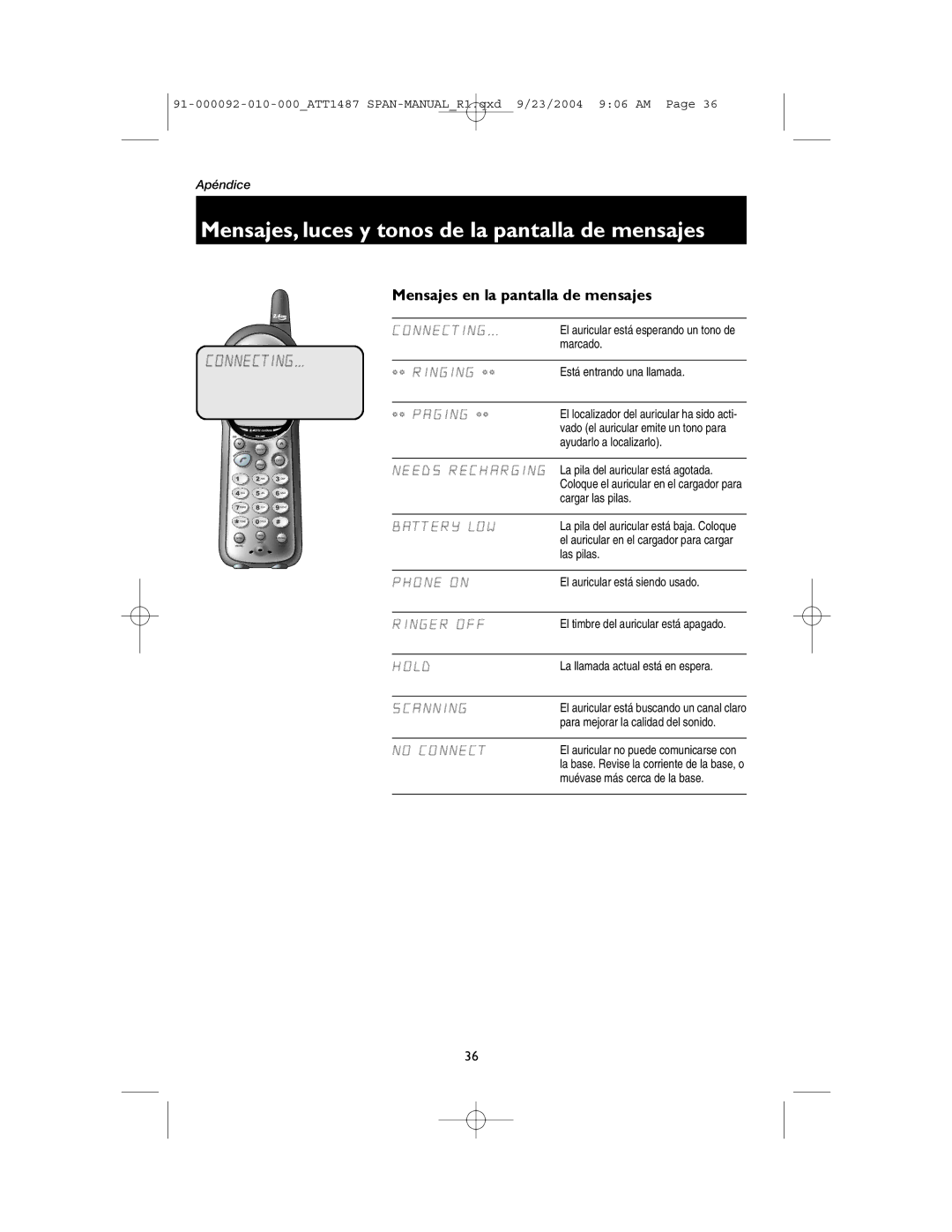 AT&T 1487, 1187 manual Mensajes, luces y tonos de la pantalla de mensajes, Mensajes en la pantalla de mensajes 