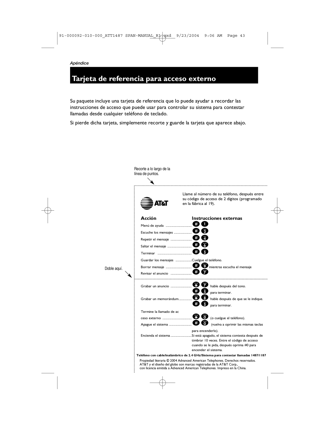 AT&T 1187, 1487 manual Tarjeta de referencia para acceso externo, Acción Instrucciones externas, Doble aquí 