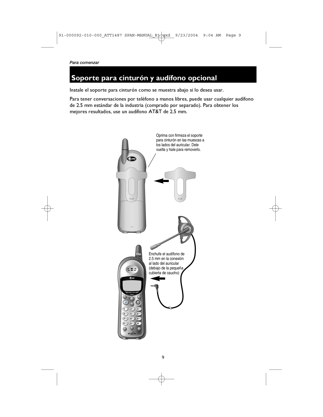 AT&T 1187, 1487 manual Soporte para cinturón y audífono opcional, Enchufe el audífono de 