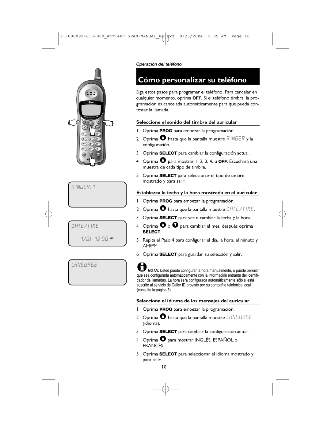 AT&T 1487, 1187 manual Cómo personalizar su teléfono, RINGER DATE/TIME 1/01 1200 AM LANGUAGE 