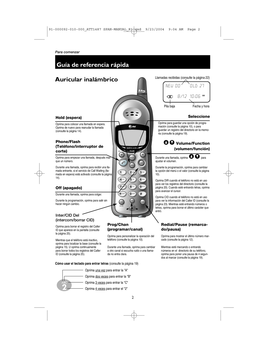AT&T 1487 Guía de referencia rápida, Auricular inalámbrico, 8/12, 1006 AM, Hold espera, Seleccione, Phone/Flash, corte 