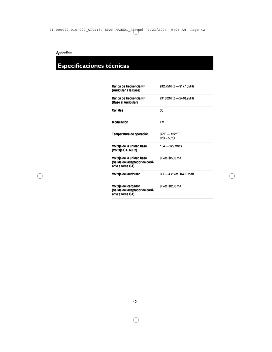 AT&T 1487, 1187 manual Especificaciones técnicas, Apéndice 